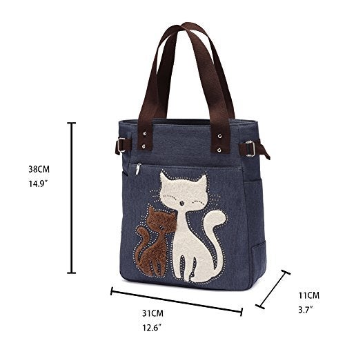 KAUKKO Women Canvas Handbag Shoulder Bag Cat Big Tote Bag(093-BLUE) - Image 3