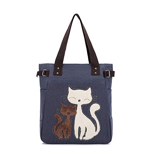 KAUKKO Women Canvas Handbag Shoulder Bag Cat Big Tote Bag(093-BLUE) - Image 1