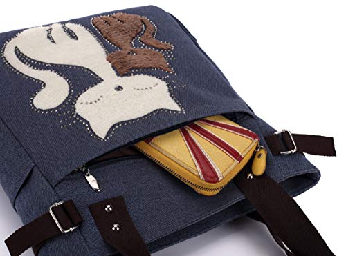 KAUKKO Women Canvas Handbag Shoulder Bag Cat Big Tote Bag(093-BLUE) - Image 4