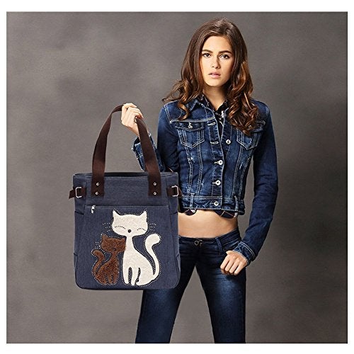 KAUKKO Women Canvas Handbag Shoulder Bag Cat Big Tote Bag(093-BLUE) - Image 2