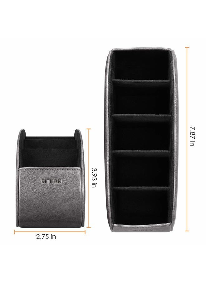 SITHON Remote Control Holder with 5 Compartments - PU Leather Remote Caddy Desktop Organizer Store TV, DVD, Blu-Ray, Media Player, Heater Controllers, Dark Gray - Image 3