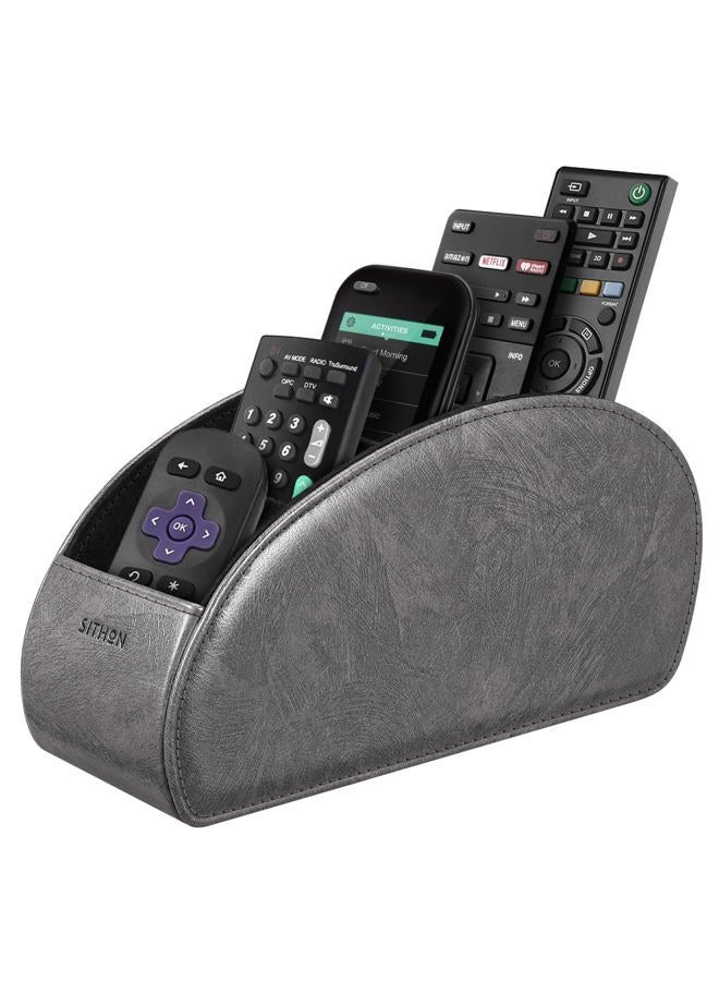 SITHON Remote Control Holder with 5 Compartments - PU Leather Remote Caddy Desktop Organizer Store TV, DVD, Blu-Ray, Media Player, Heater Controllers, Dark Gray - Image 1