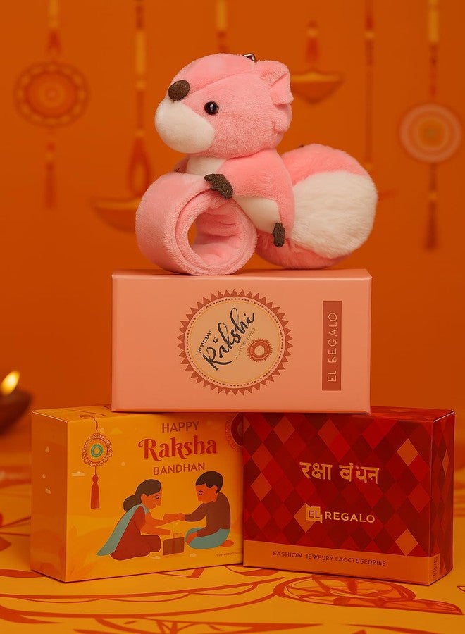 El Regalo Kids Rakhi - Cute Animal Plush Slap Band Rakhi for Boys & Girls | Panda, Shark, Dinosaur & More with Roli Chawal & Rakshabandhan Card | Fun Cartoon Soft Slap Bands for Children (Pink Squirrel) - Image 3