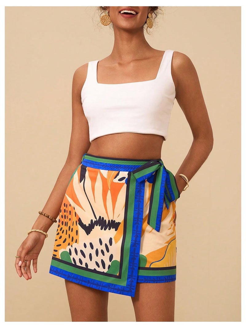 MakeMeChic Women's Floral High Waist Skirt Wrap Knot Side Summer Short Skirts Multicolor Large - Image 4