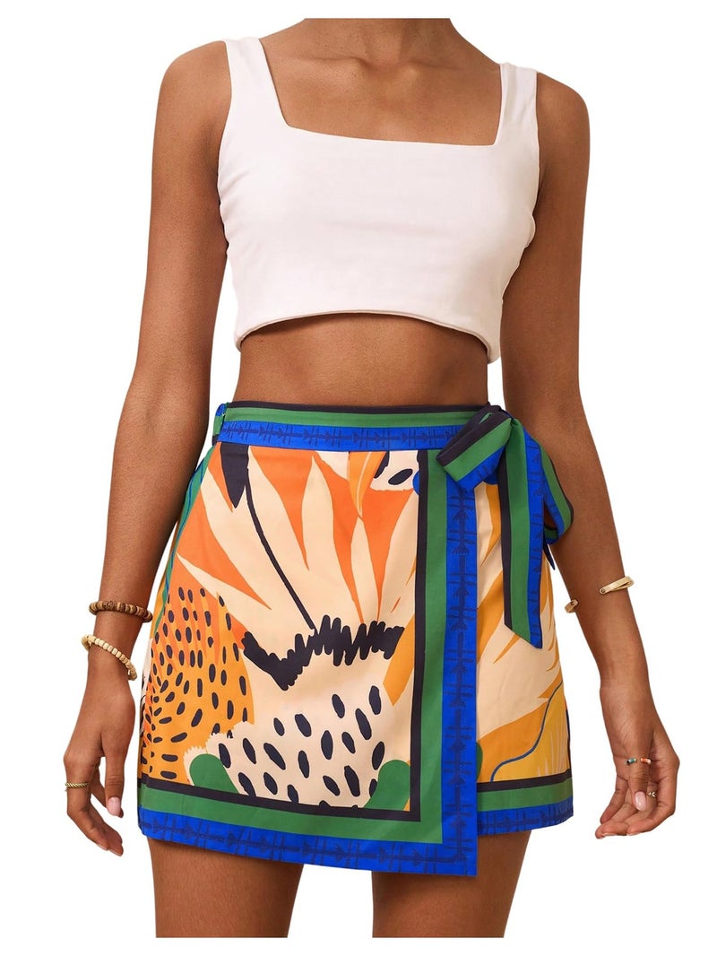 MakeMeChic Women's Floral High Waist Skirt Wrap Knot Side Summer Short Skirts Multicolor Large - Image 1