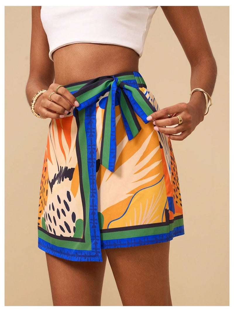 MakeMeChic Women's Floral High Waist Skirt Wrap Knot Side Summer Short Skirts Multicolor Large - Image 2
