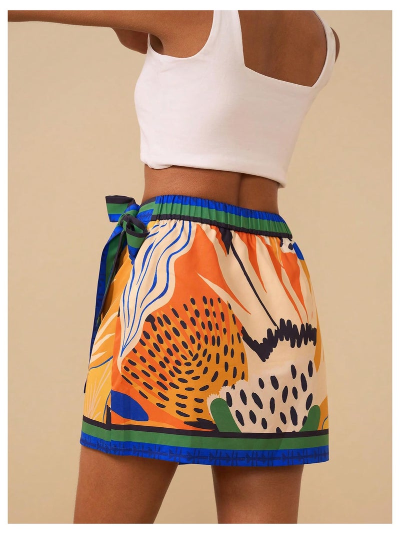 MakeMeChic Women's Floral High Waist Skirt Wrap Knot Side Summer Short Skirts Multicolor Large - Image 3