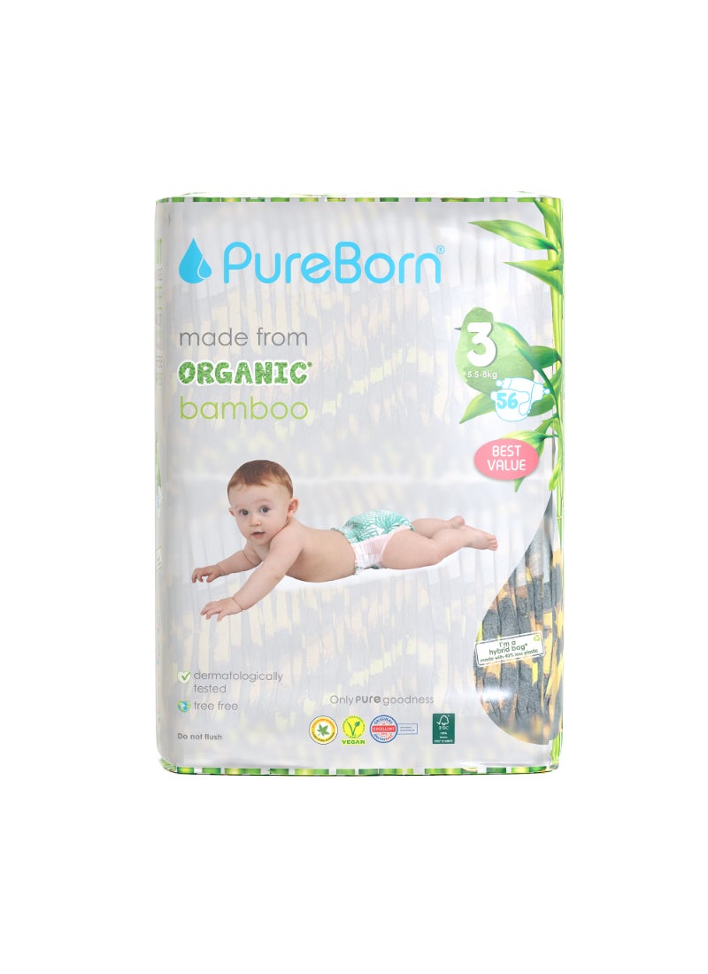 PureBorn Organic Baby Tape Style Diapers Size-3 5.5 -8 kg Leopard Print 56 Diapers - Image 1