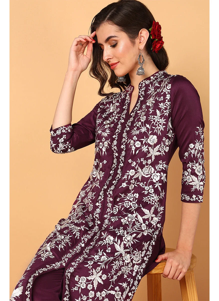 ZERESOUQ Purple Silk Blend Solid Embroidered Straight Suit Set