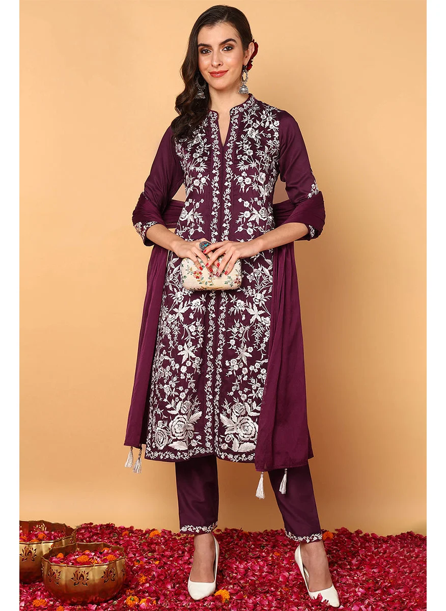 ZERESOUQ Purple Silk Blend Solid Embroidered Straight Suit Set