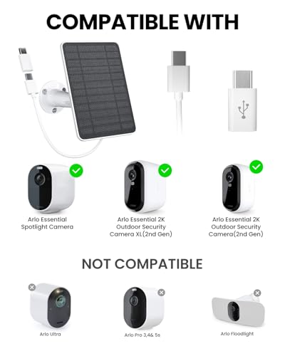 fohoa 5W Solar Panel Charger Compatible with Arlo Essential 2K Outdoor Camera2nd GenEssential Outdoor XL2nd GenEssential Spotlight IP65 Waterproof 10ft USBC Micro USB Cable Wall Mount 4 Pack - Image 3