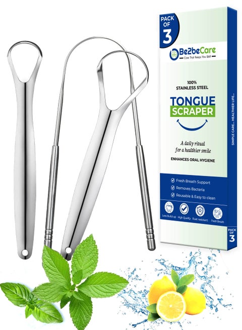 Tongue Scraper for Adults (3-Pack) – Stainless Steel Tongue Cleaner Set, Metal Tongue Scraper for Fresh Breath & Bad Breath Removal, Professional Oral Care Cleaner