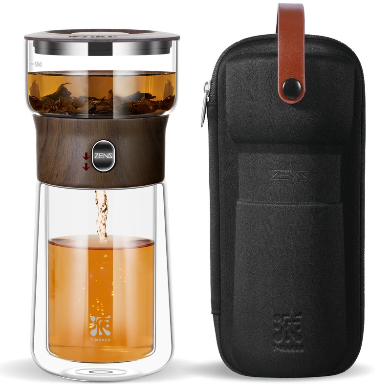 ZENS Modern Glass Infuser Teapot, One Touch Tea Maker for Loose Leaf Tea with Insulated Mug and Portable Case. Enchanted Pot Alternatives for Tea Lover Gifts - Image 1