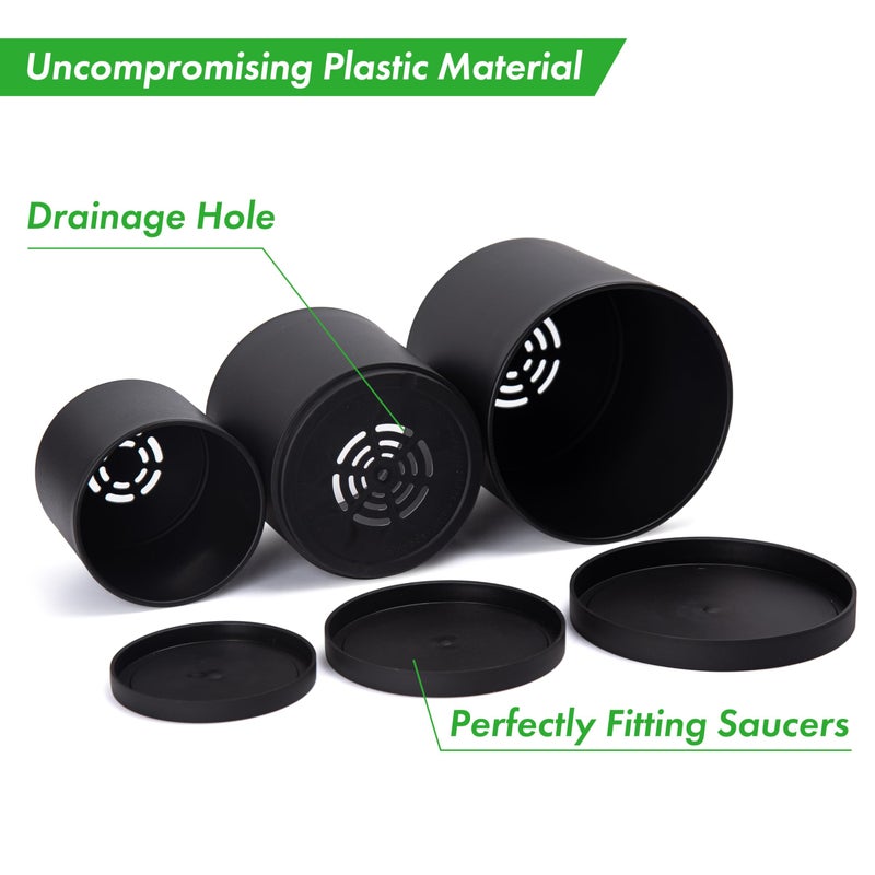 D'vine Dev 4 Inch 5 Inch 6 Inch, Set of 3 Plastic Planter Pots for Plants with Drainage Hole and Seamless Saucers, Black Color, Small, 74-V-B-1 - Image 3