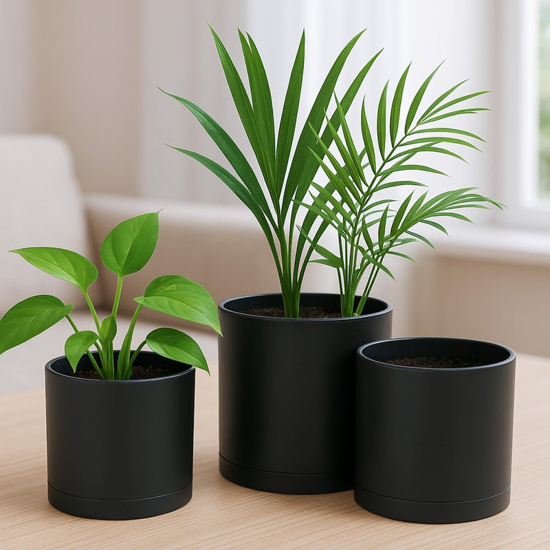 D'vine Dev 4 Inch 5 Inch 6 Inch, Set of 3 Plastic Planter Pots for Plants with Drainage Hole and Seamless Saucers, Black Color, Small, 74-V-B-1 - Image 4