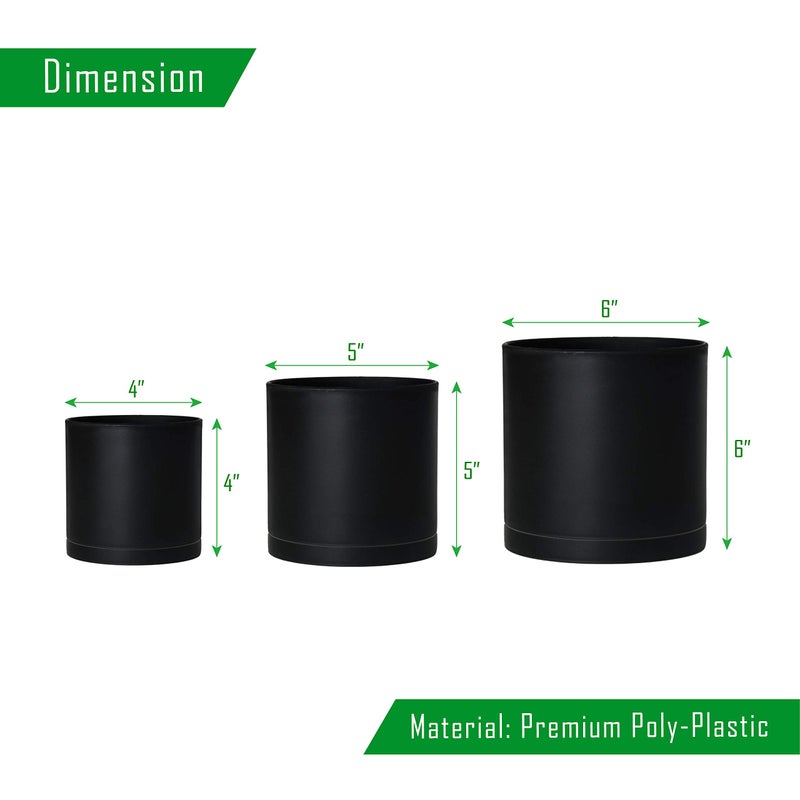 D'vine Dev 4 Inch 5 Inch 6 Inch, Set of 3 Plastic Planter Pots for Plants with Drainage Hole and Seamless Saucers, Black Color, Small, 74-V-B-1 - Image 5