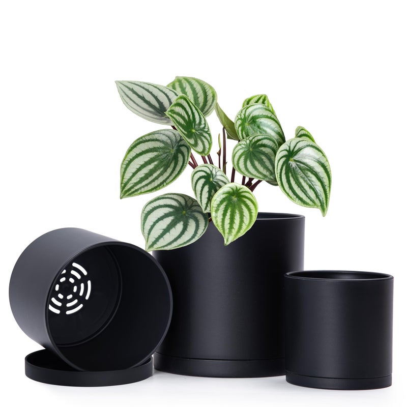 D'vine Dev 4 Inch 5 Inch 6 Inch, Set of 3 Plastic Planter Pots for Plants with Drainage Hole and Seamless Saucers, Black Color, Small, 74-V-B-1 - Image 1