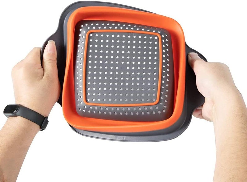 Ramkuwar Foldable Kitchen Colander 2 Pcs Square Portable Washing up Bowl Silicone Strainer Set Filter Food Strainers Basket 2 Sizes Orange - Image 2