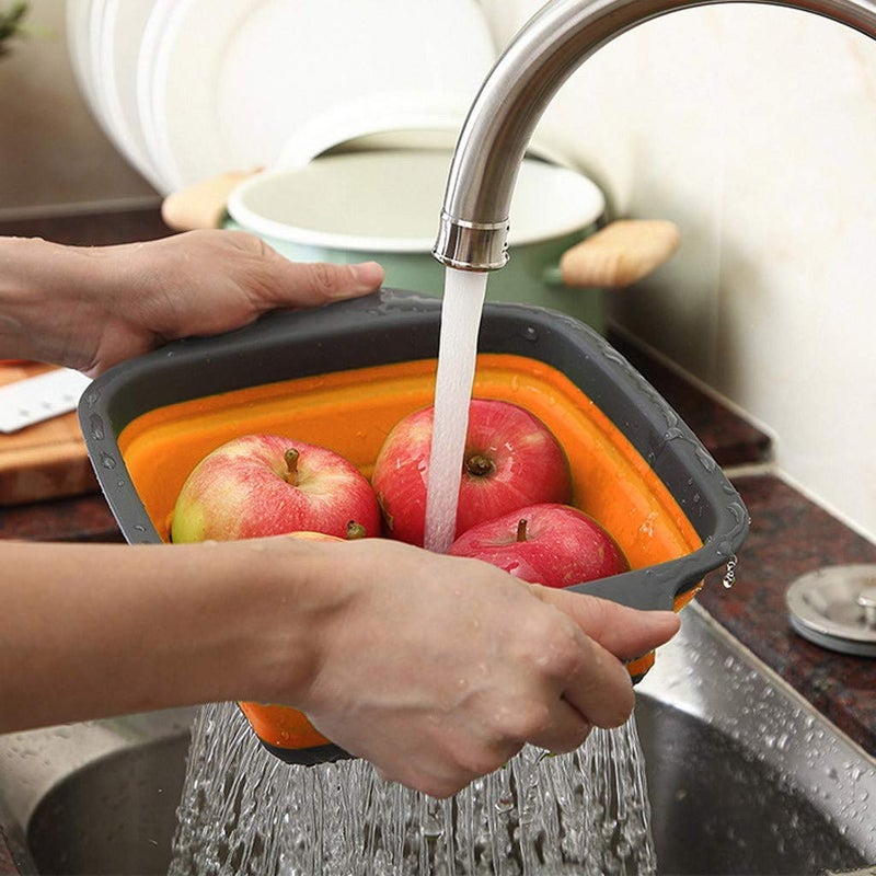 Ramkuwar Foldable Kitchen Colander 2 Pcs Square Portable Washing up Bowl Silicone Strainer Set Filter Food Strainers Basket 2 Sizes Orange - Image 3