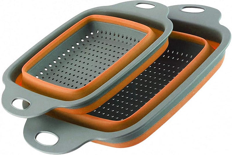 Ramkuwar Foldable Kitchen Colander 2 Pcs Square Portable Washing up Bowl Silicone Strainer Set Filter Food Strainers Basket 2 Sizes Orange - Image 1