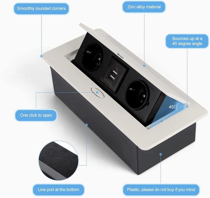 CPROSP USB table socket, extendable multiple socket for connecting in the white table, corner strip with 2 sockets and 2 USB - Image 3