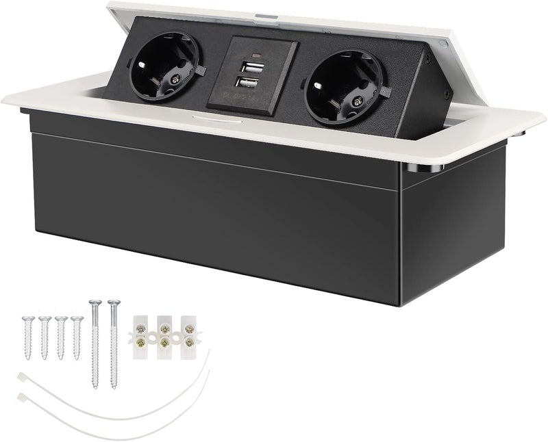 CPROSP USB table socket, extendable multiple socket for connecting in the white table, corner strip with 2 sockets and 2 USB - Image 1