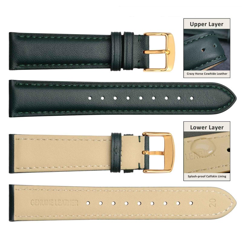 WOCCI 22mm Vintage Leather Watch Band for Men and Women, Gold Buckle (Green) - Image 2