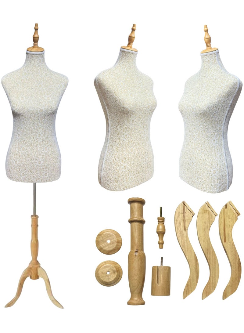 أورتوك جسم عارضة أزياء أنثوي بارتفاع 170 سم قابل للتعديل، عارضة أزياء جذع أنثوي عالي الجودة من الفوم وحامل خشبي ثلاثي القوائم ورأس، عارضة أزياء نسائية جذع لمحل الملابس، نافذة عرض الملابس، المحلات، معرض المجوهرات - Image 1