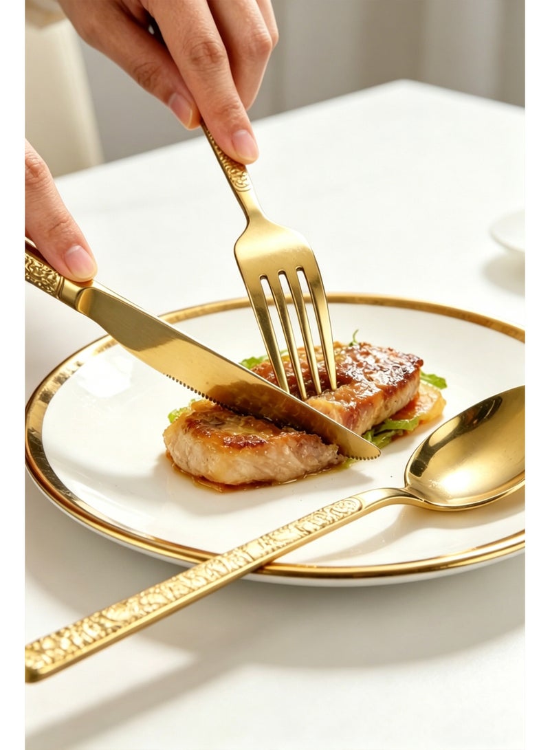 24-Piece Gold Stainless Steel Flatware Set, 410 Stainless Steel Cutlery with Stone Texture Handle, Includes Knives, Forks, Spoons, Dishwasher Safe for Home, Restaurant, Party - Image 5