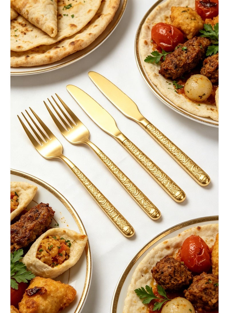 24-Piece Gold Stainless Steel Flatware Set, 410 Stainless Steel Cutlery with Stone Texture Handle, Includes Knives, Forks, Spoons, Dishwasher Safe for Home, Restaurant, Party - Image 4