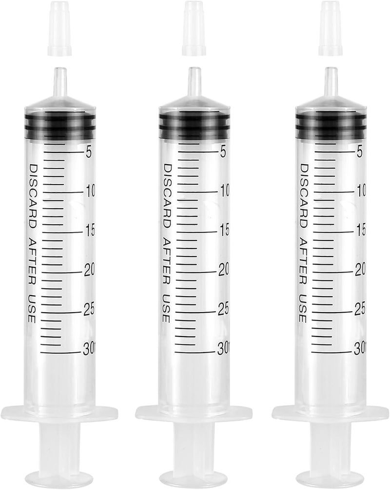 A AKRAF 3 Pack Plastic 30ml Syringes with Cap, Sterile Syringe Individually Packaged for Labs, Liquid Measuring, Feeding Pets, Oil or Glue Applicator - Image 1