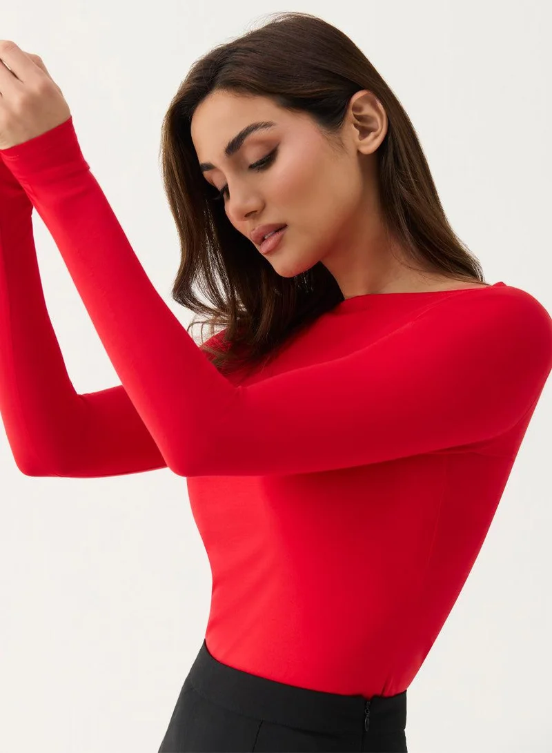Zigzag Long Sleeve Ponte Top - RED