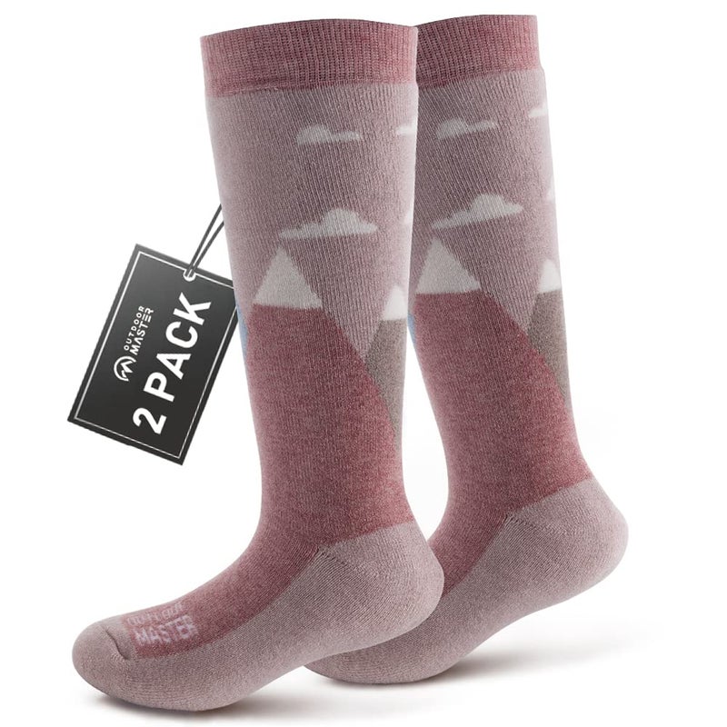 OutdoorMaster Kids Ski Socks 2 Pack - Merino Wool Blend, Over the Calf Design (M, Mt View - 2) - Image 1