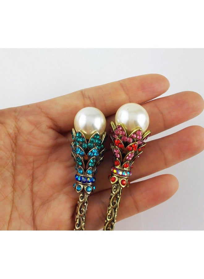 Yueton - ?Pack Of 2 Rhinestone Pearl Hair Stick Vintage Hair Chopsticks Hairpin Chignon Pin - Image 1