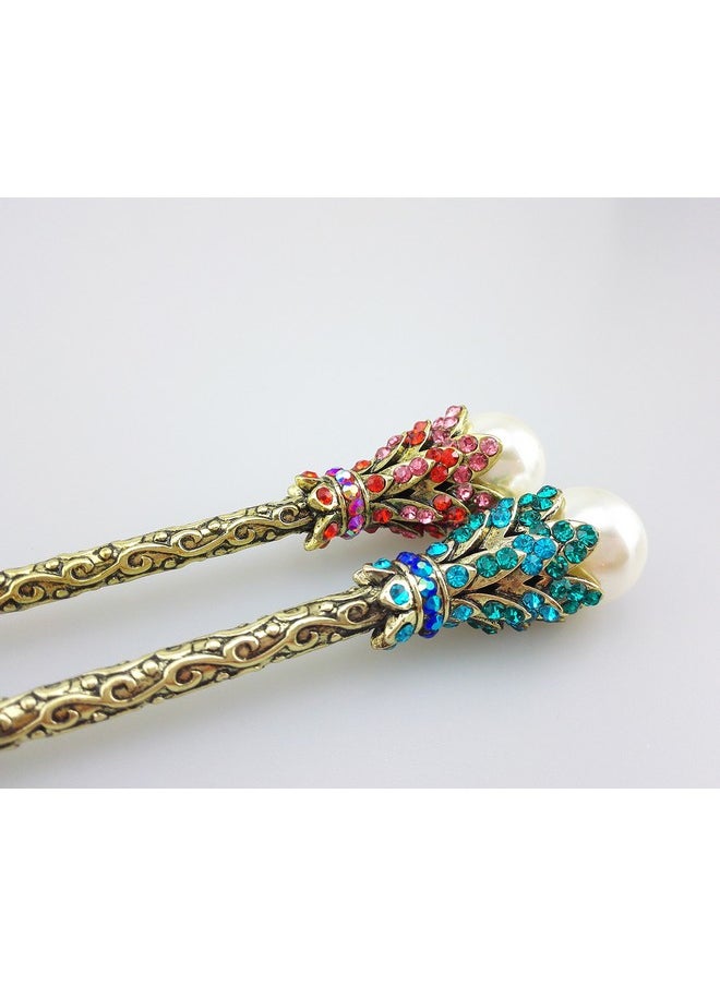 Yueton - ?Pack Of 2 Rhinestone Pearl Hair Stick Vintage Hair Chopsticks Hairpin Chignon Pin - Image 1