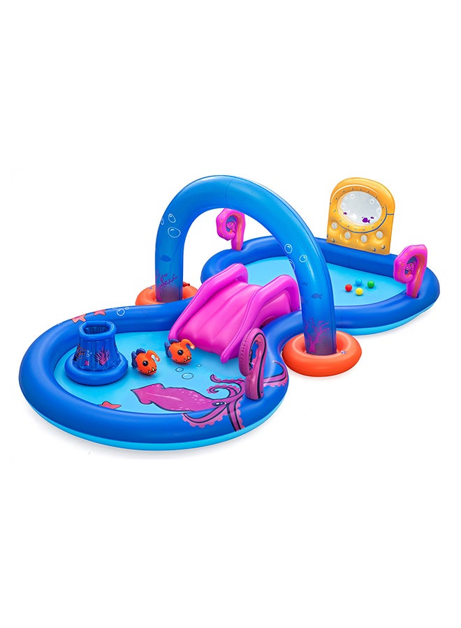 Bestway, Sea Odyssey Inflatable Kids Play Center with Water Slide, Sprinkler Arch, Basketball Hoop, Paddle Game Set, Splash Pool Outdoor Activity Set, Repair Patch Included, 3.30mx1.88mx1.17m - Image 1