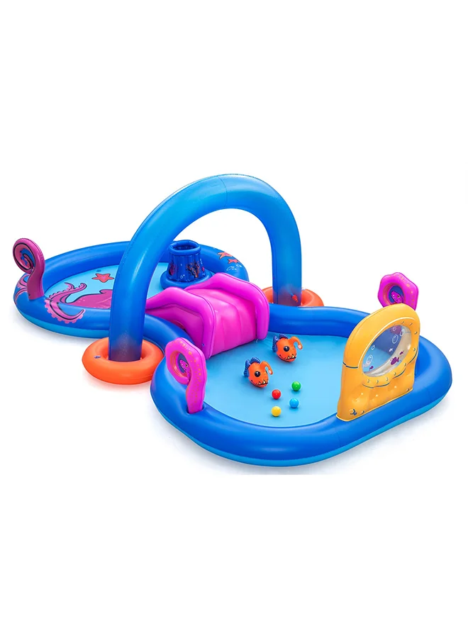 Bestway Sea Odyssey Inflatable Kids Play Center with Water Slide, Sprinkler Arch, Basketball Hoop, Paddle Game Set, Splash Pool Outdoor Activity Set, Repair Patch Included, 3.30m x 1.88m x 1.17m