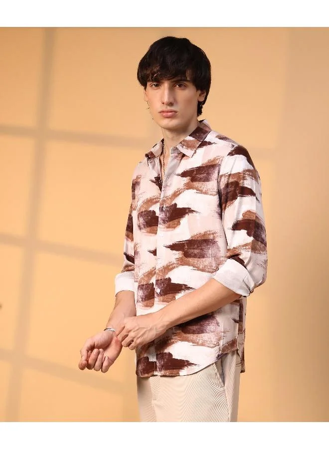 Campus Sutra Men's Mocha Brown & Desert Sand Brush Strokes Shirt