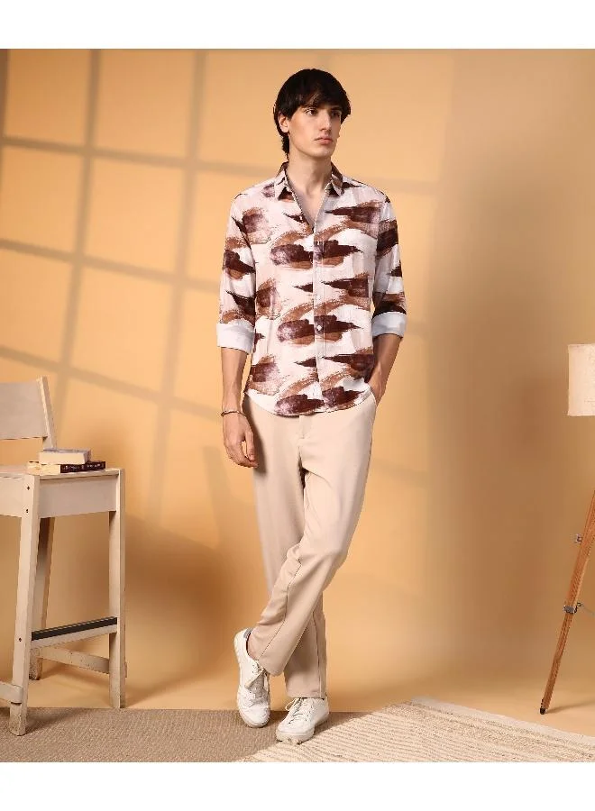 Campus Sutra Men's Mocha Brown & Desert Sand Brush Strokes Shirt