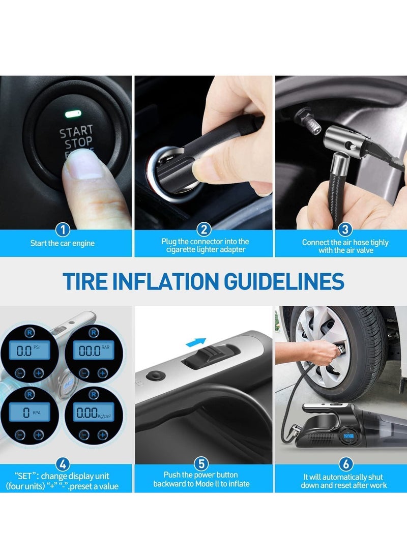 SYOSI Car Vacuum Cleaner Handheld Vacuum Cleaner for Car with Digital Air Compressor Pump 120W Powerful Hand-held Vacuum Cleaner 12V with LED Light Portable Wet Dry Car Vacuum 13 FT Cord Bag - Image 4