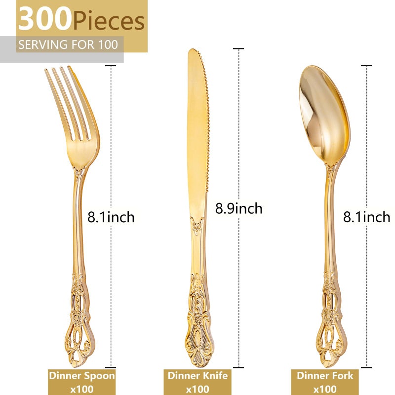 Joyido 300Pieces Gold Plastic Silverware - Heavy Duty Gold Disposable Utensils - Vintage Plastic Cutlery Set Includes 100 Forks  100 Spoons  100 Knives for Dinner Parties Weddings - Image 1
