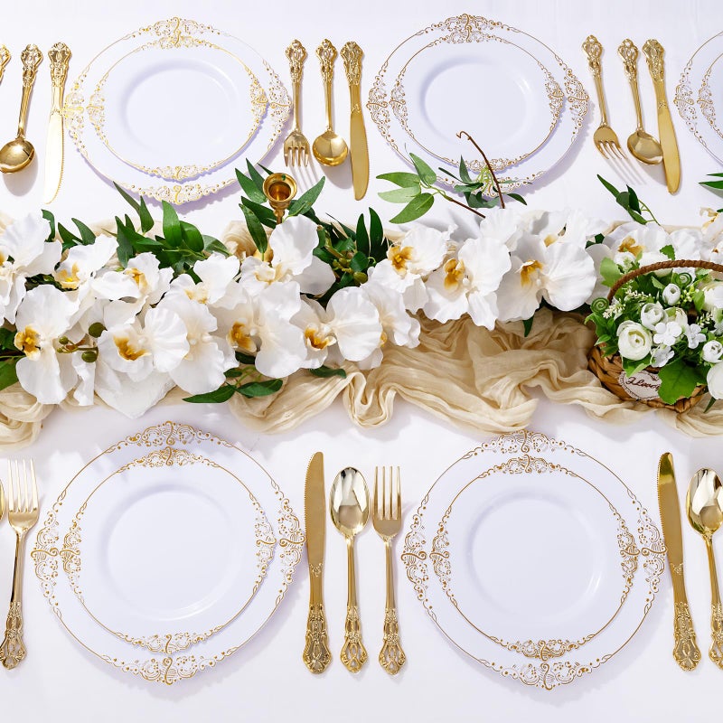 Joyido 300Pieces Gold Plastic Silverware - Heavy Duty Gold Disposable Utensils - Vintage Plastic Cutlery Set Includes 100 Forks  100 Spoons  100 Knives for Dinner Parties Weddings - Image 4
