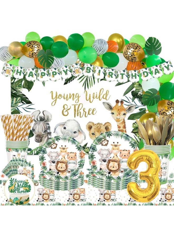 Fiesec 253 PCs Young Wild and Three Decorations Boy, Jungle Safari Animal Theme 3rd Birthday Party Supplies Boy Backdrop Balloon Garland Banner Cake Topper Plate Napkin Cup Straw Knife Fork Spoon - Image 1