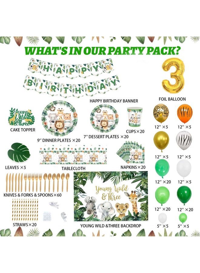 Fiesec 253 PCs Young Wild and Three Decorations Boy, Jungle Safari Animal Theme 3rd Birthday Party Supplies Boy Backdrop Balloon Garland Banner Cake Topper Plate Napkin Cup Straw Knife Fork Spoon - Image 2
