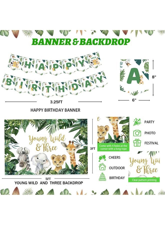 Fiesec 253 PCs Young Wild and Three Decorations Boy, Jungle Safari Animal Theme 3rd Birthday Party Supplies Boy Backdrop Balloon Garland Banner Cake Topper Plate Napkin Cup Straw Knife Fork Spoon - Image 5