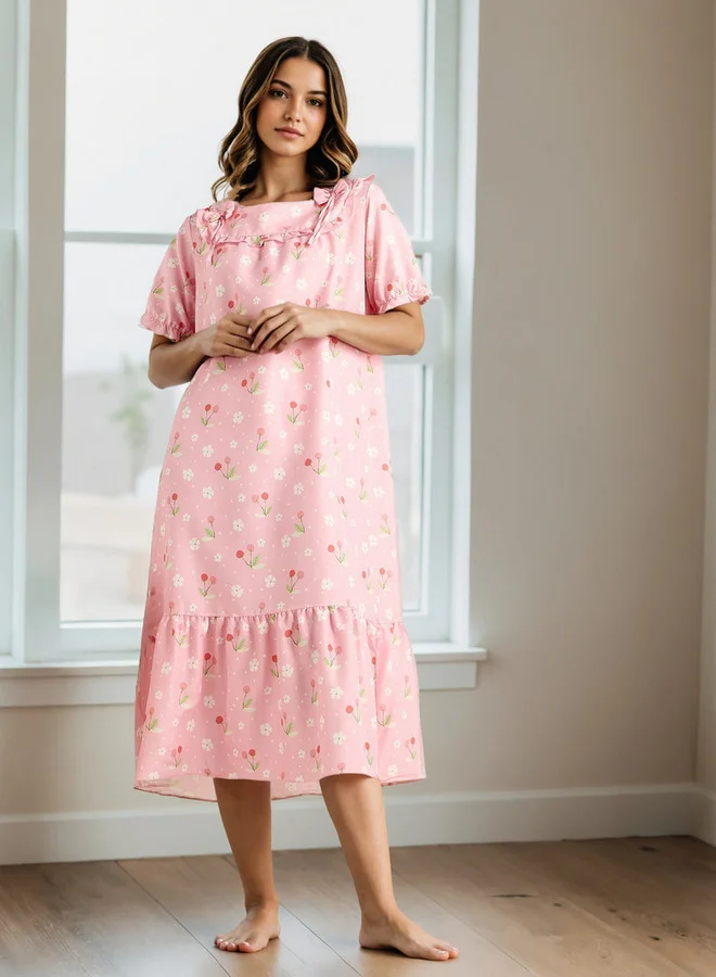 Aadaraya Floral Print Square Neck Night Dress