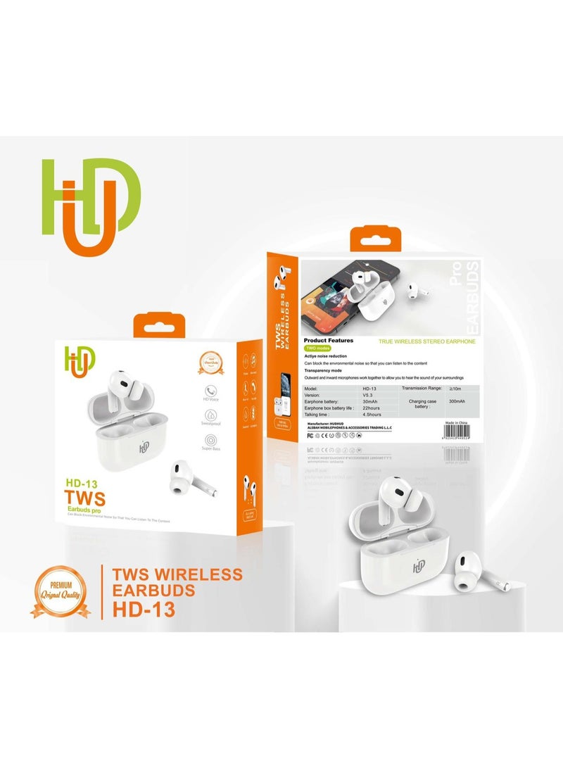 HD-13 TWS Wireless Earbuds - Active Noise Reduction, 4.5 Hours Talk Time, Bluetooth V5.3, Transparent Mode
