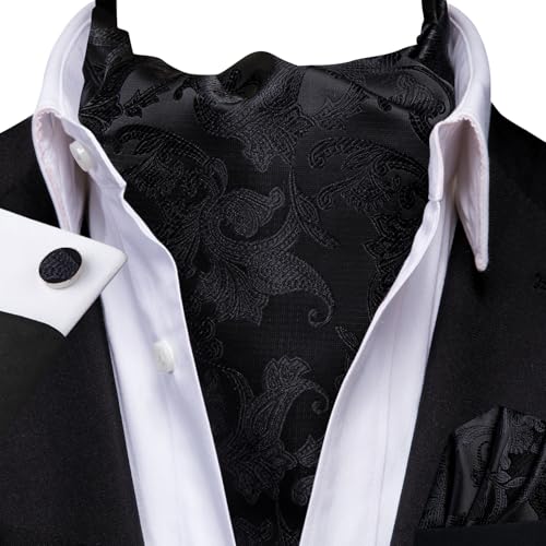 Dubulle Paisley Floral Ascot for Men Self Tie Mens Cravat and Pocket Square Cufflinks Wedding,Black - Image 2