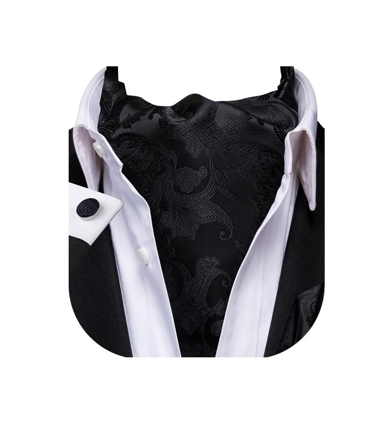 Dubulle Paisley Floral Ascot for Men Self Tie Mens Cravat and Pocket Square Cufflinks Wedding,Black - Image 1