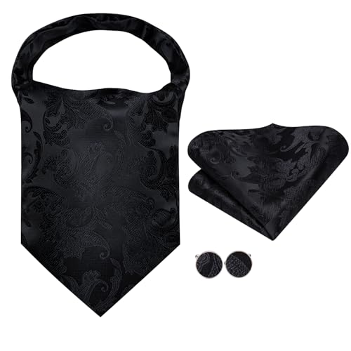 Dubulle Paisley Floral Ascot for Men Self Tie Mens Cravat and Pocket Square Cufflinks Wedding,Black - Image 4